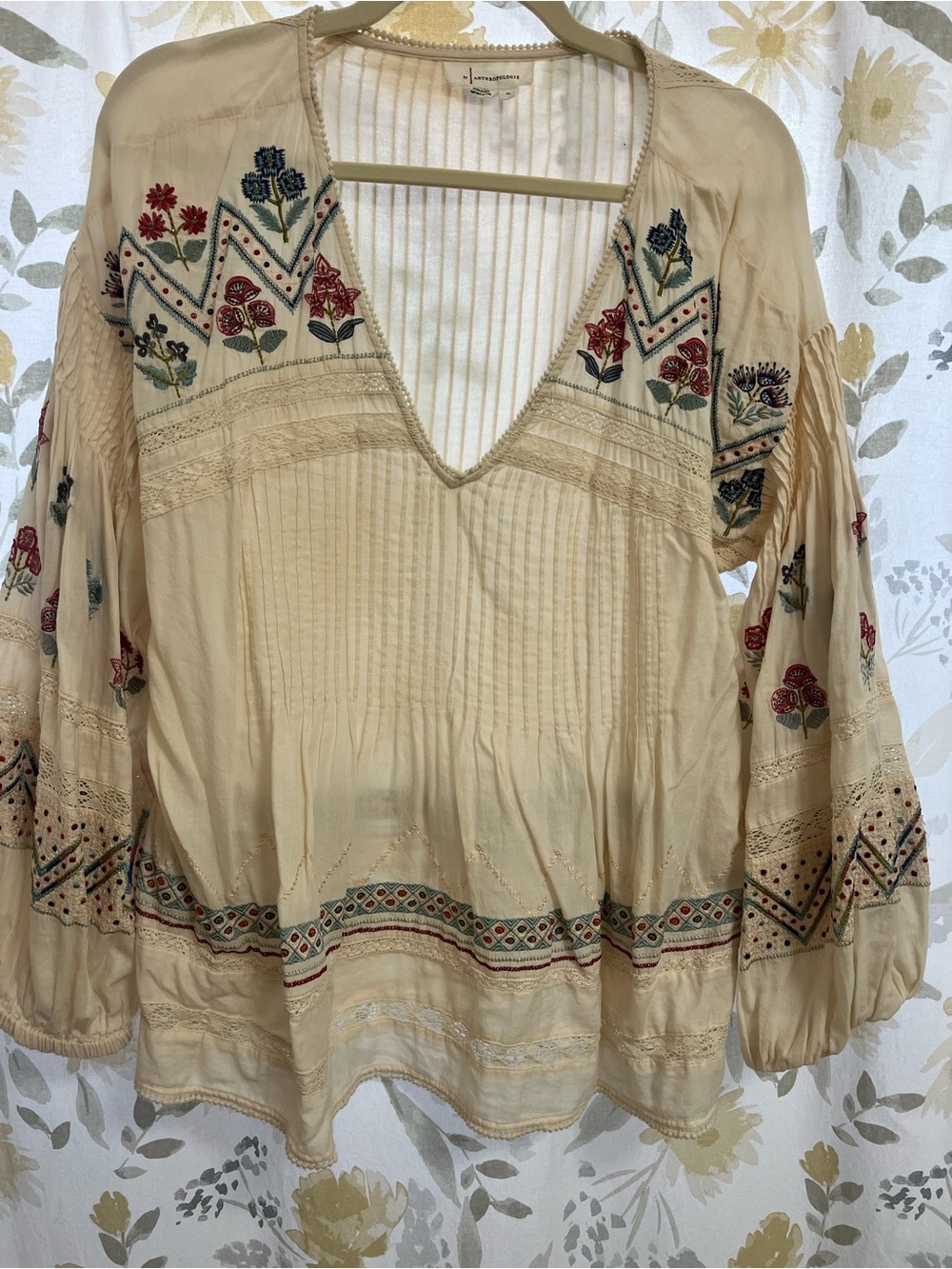 Anthropologie Cream Embroidered V-Neck Peasant Tunic
